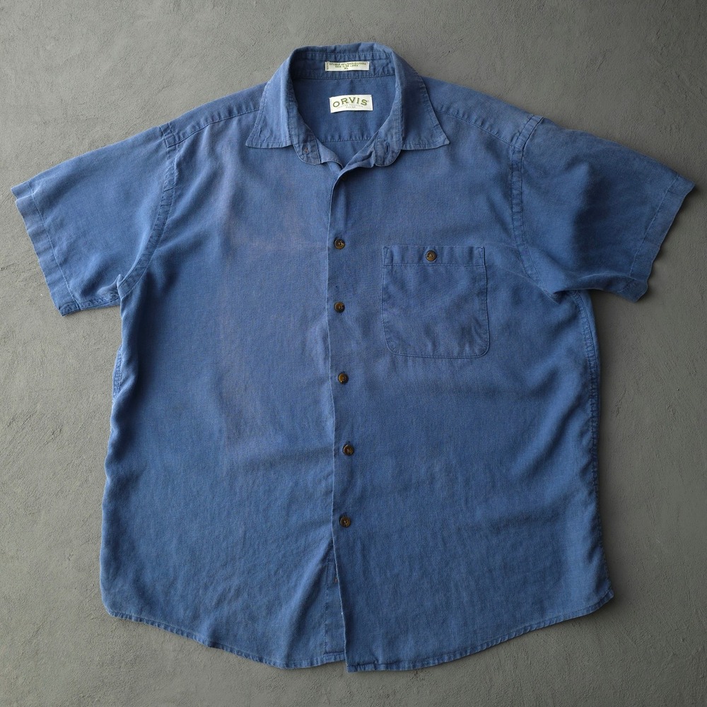 Vintage 90s Orvis Blue Short Sleeve Button Up Shirt XL Hemp Tencel Blend
